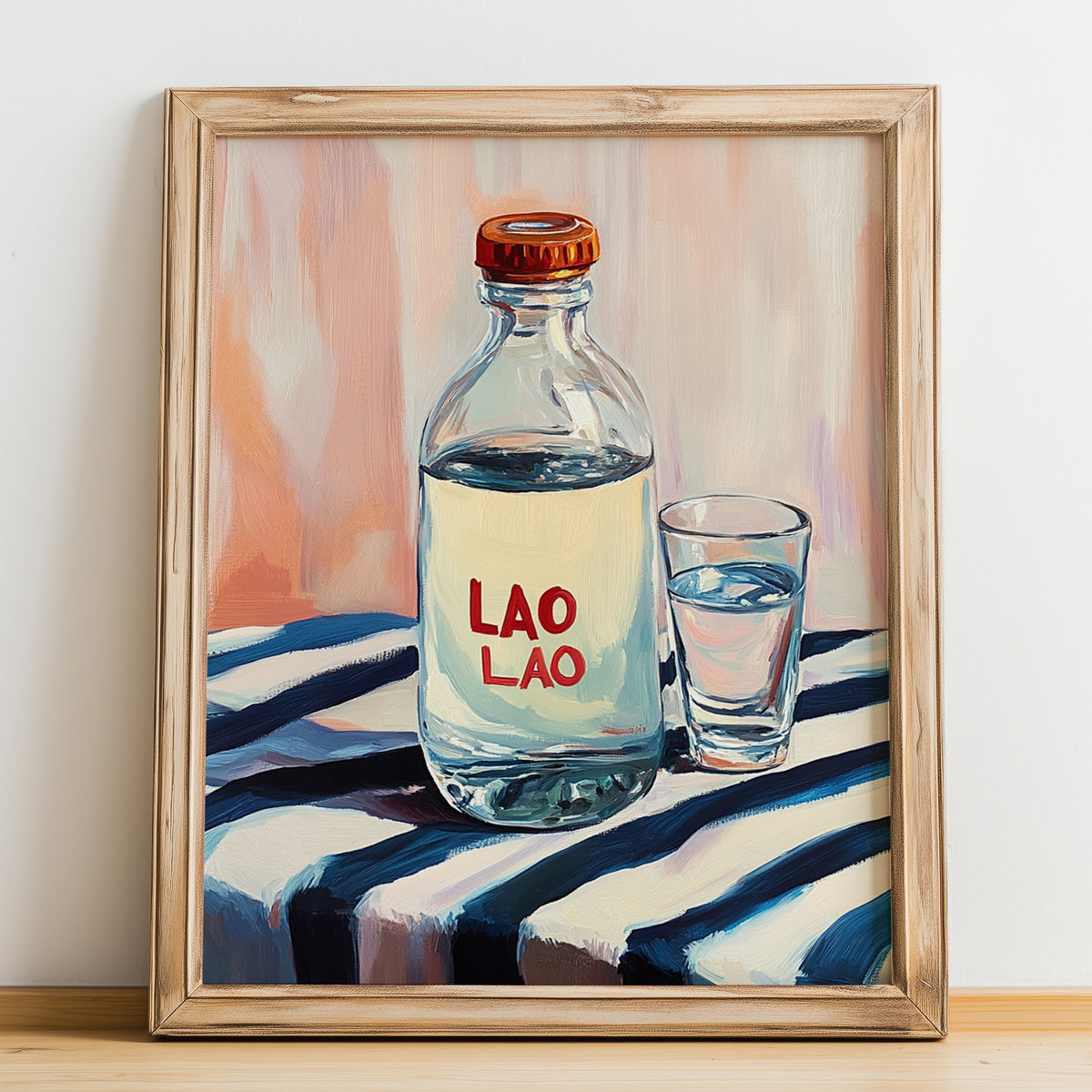 Lao-Lao – on Striped Tablecloth, Laos Spirit Poster, no-text version framed in wood