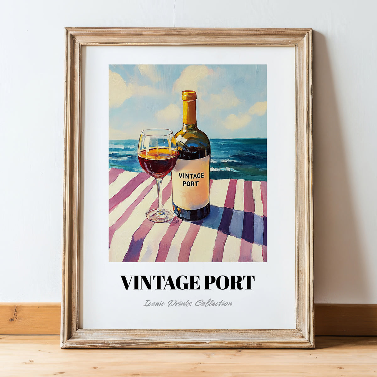 Vintage Port – Portuguese Seaside Café Scene, Portuguese Dessert Wine Painting, in wooden frame leaning on the floor
