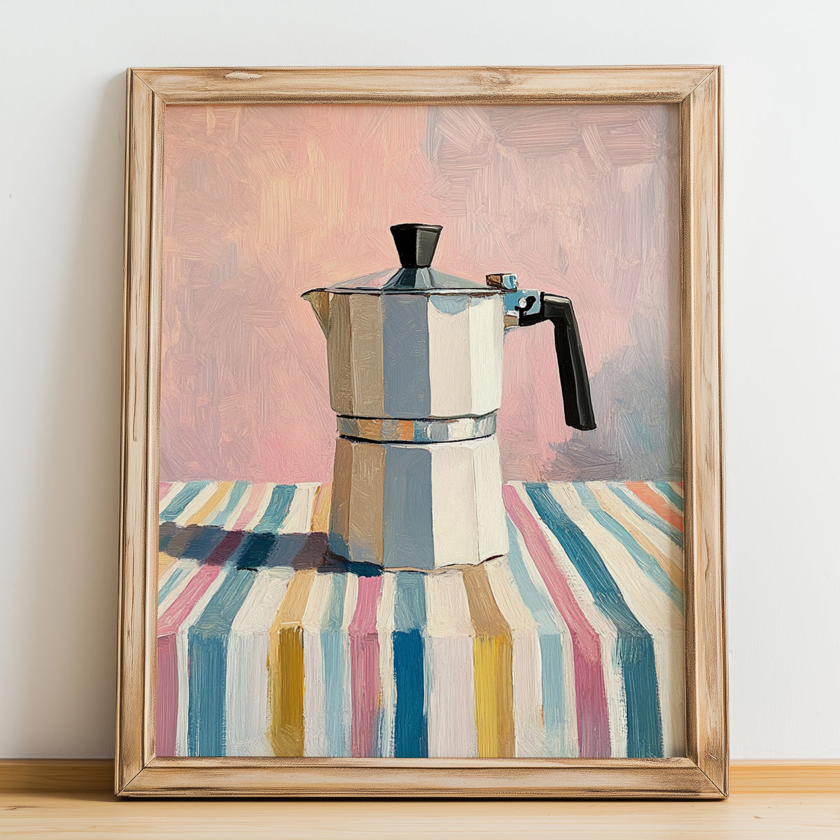 Coffee Pot – on Striped Tablecloth, Kitchen Utensils Wall Art, no-text version framed in wood