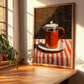 French Press – on Striped Tablecloth, Kitchen Utensils Print, clean layout with no caption