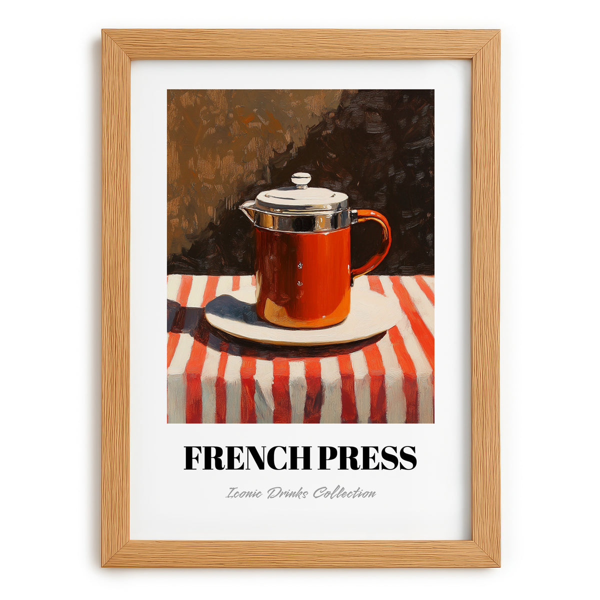 French Press – on Striped Tablecloth, Kitchen Utensils Print, set in oak frame