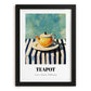 Teapot – on Striped Tablecloth, Kitchen Utensils Painting, in sleek black frame