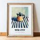 Moka Pot – on Striped Tablecloth, Kitchen Utensils Poster, in wooden frame leaning on the floor
