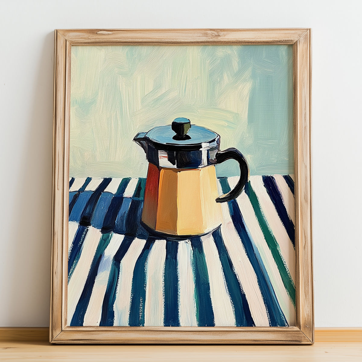 Moka Pot – on Striped Tablecloth, Kitchen Utensils Poster, no-text version framed in wood