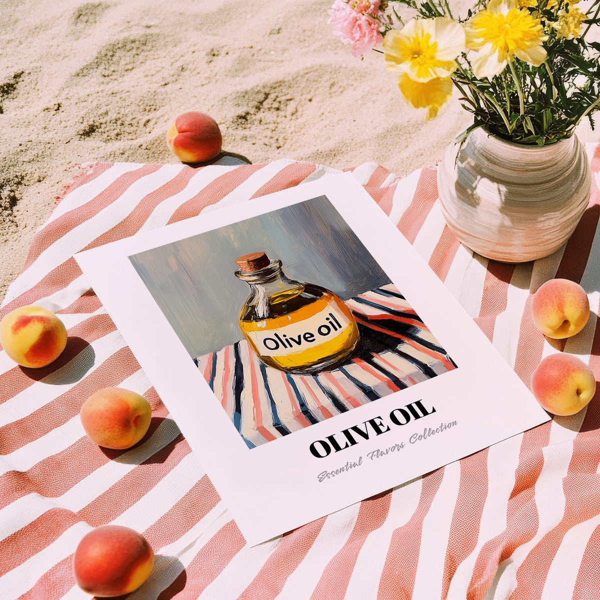 Olive Oil – on Striped Tablecloth, Pantry Poster, unframed on coastal sand