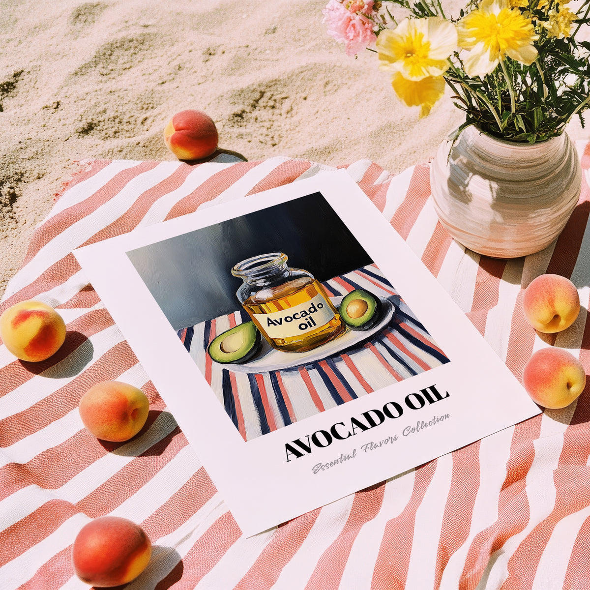 Avocado Oil – on Striped Tablecloth, Pantry Wall Art, unframed on coastal sand