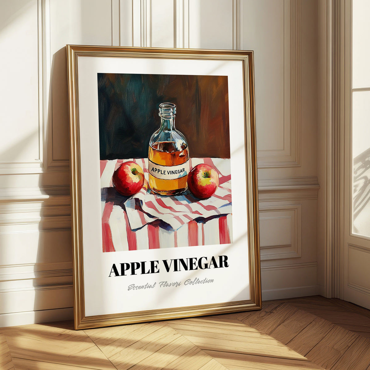 Apple Vinegar – on Striped Tablecloth, Shelf Stock Print