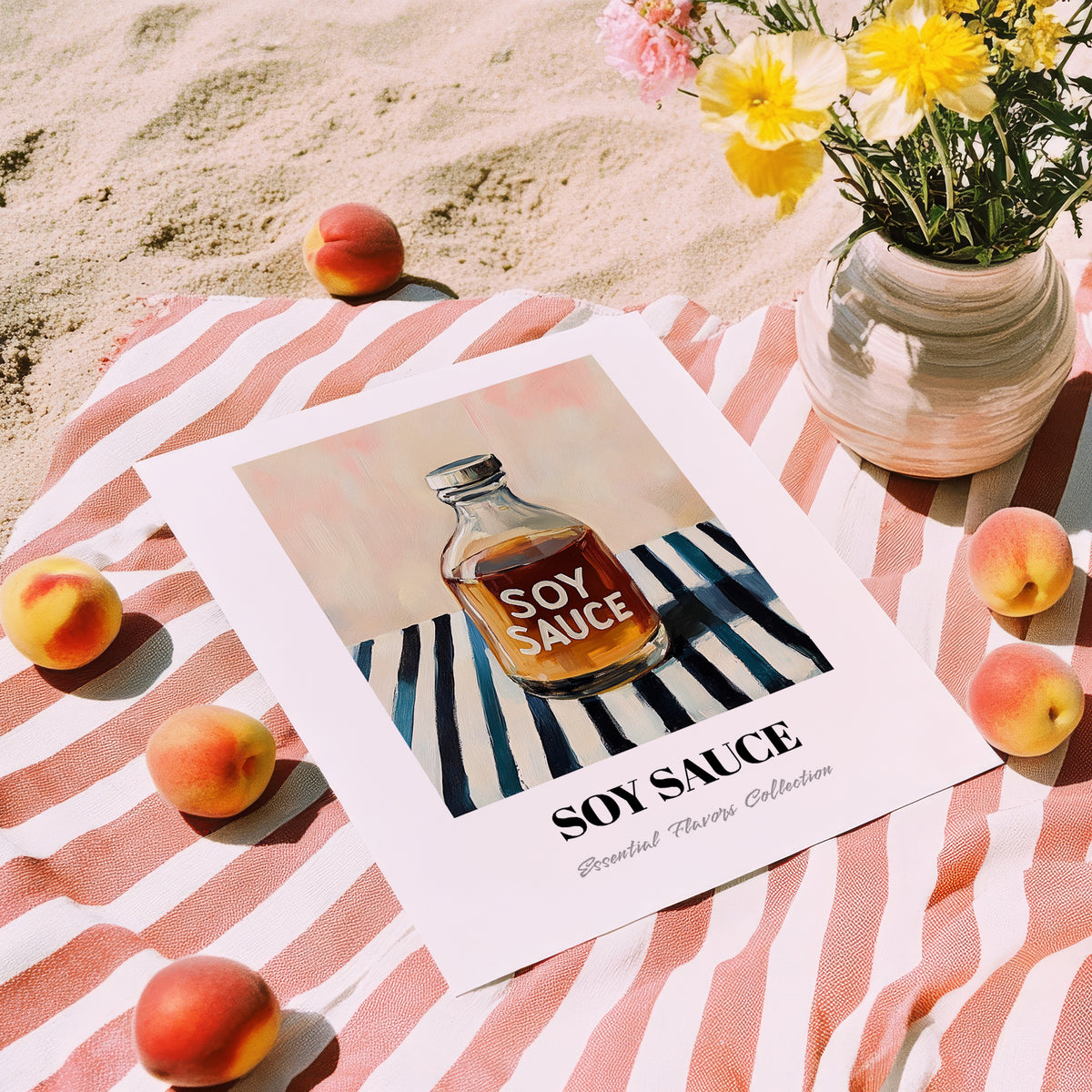 Soy Sauce – on Striped Tablecloth, Food Stash Print, unframed on coastal sand