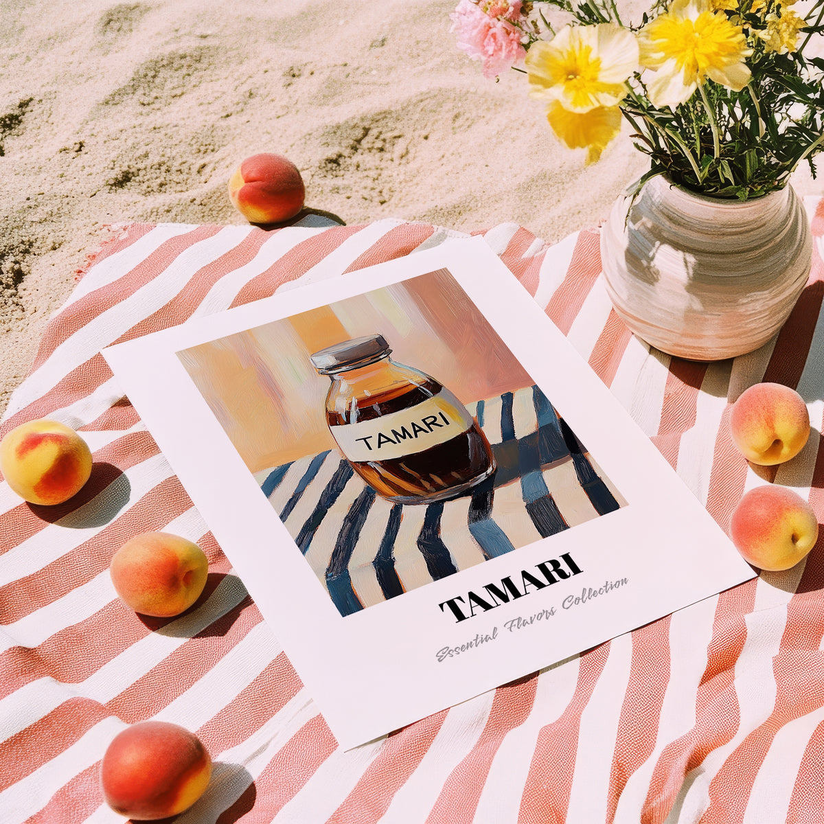 Tamari – on Striped Tablecloth, Pantry Still Life, unframed on coastal sand