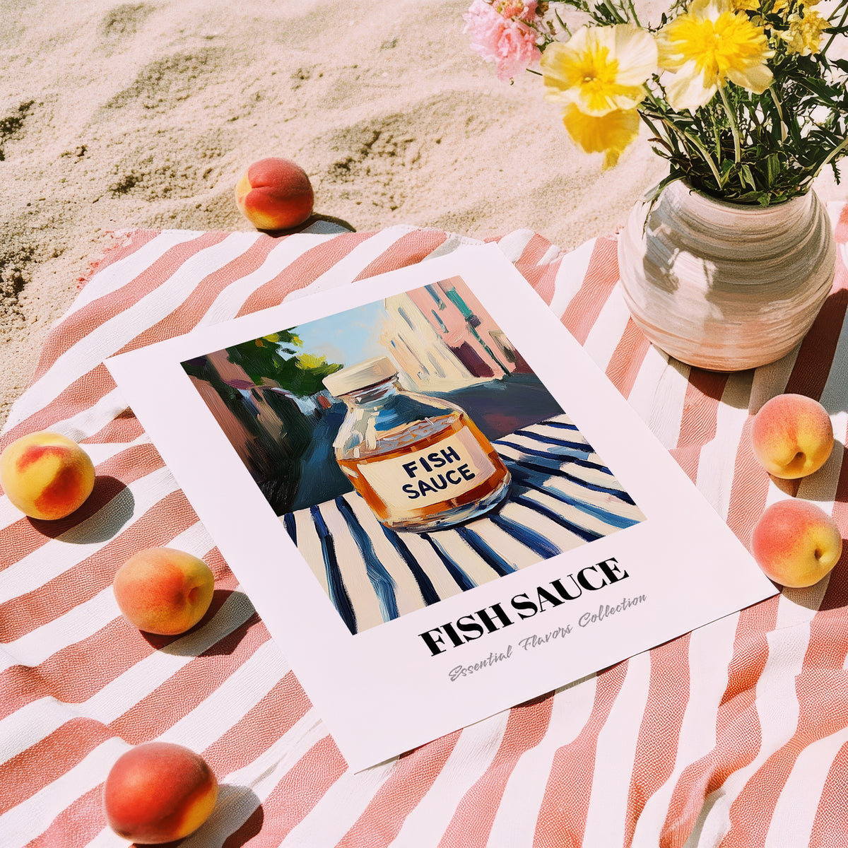 Fish Sauce – Italian Urban Café Scene, Larder Print, unframed on coastal sand
