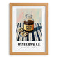 Oyster Sauce – on Striped Tablecloth, Grocery Painting, set in oak frame