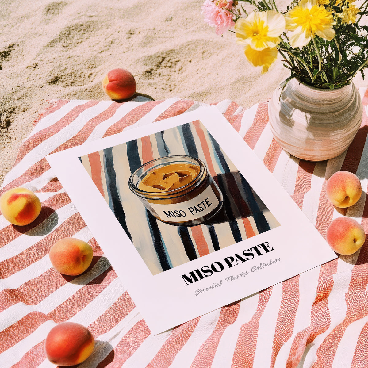 Miso Paste – on Striped Tablecloth, Larder Wall Art, unframed on coastal sand