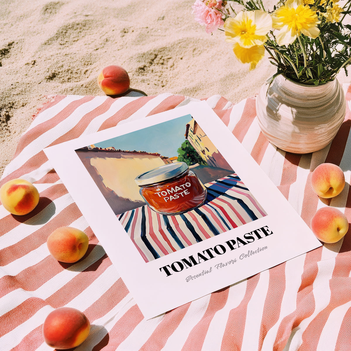 Tomato Paste – Italian Urban Café Scene, Ingredients Corner Still Life, unframed on coastal sand