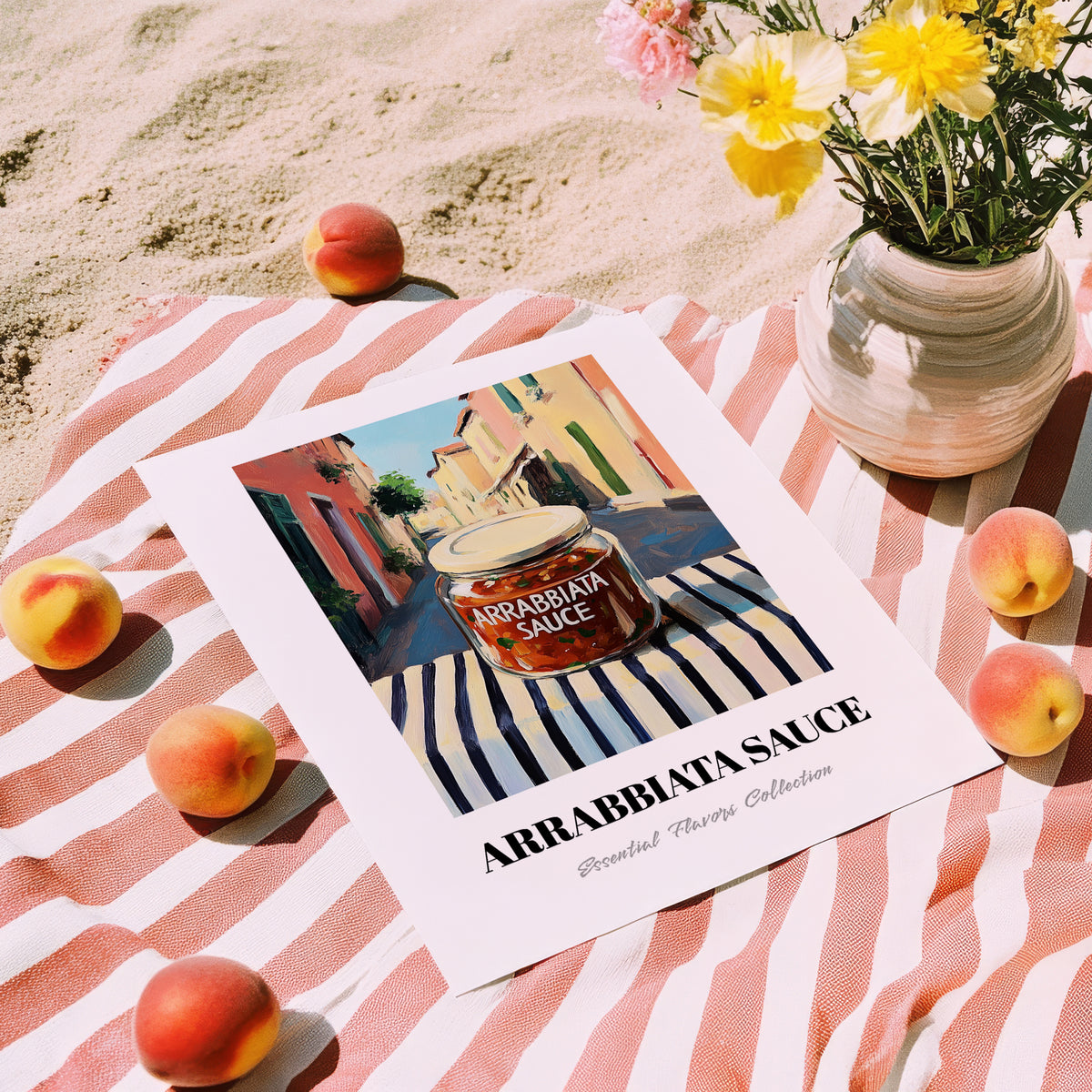 Arrabbiata Sauce – Italian Street Café Scene, Larder Illustration, unframed on coastal sand