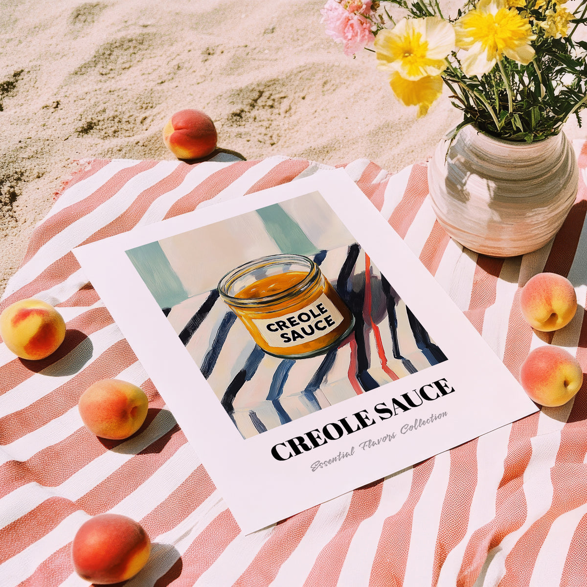 Creole Sauce – on Striped Tablecloth, Grocery Illustration, unframed on coastal sand