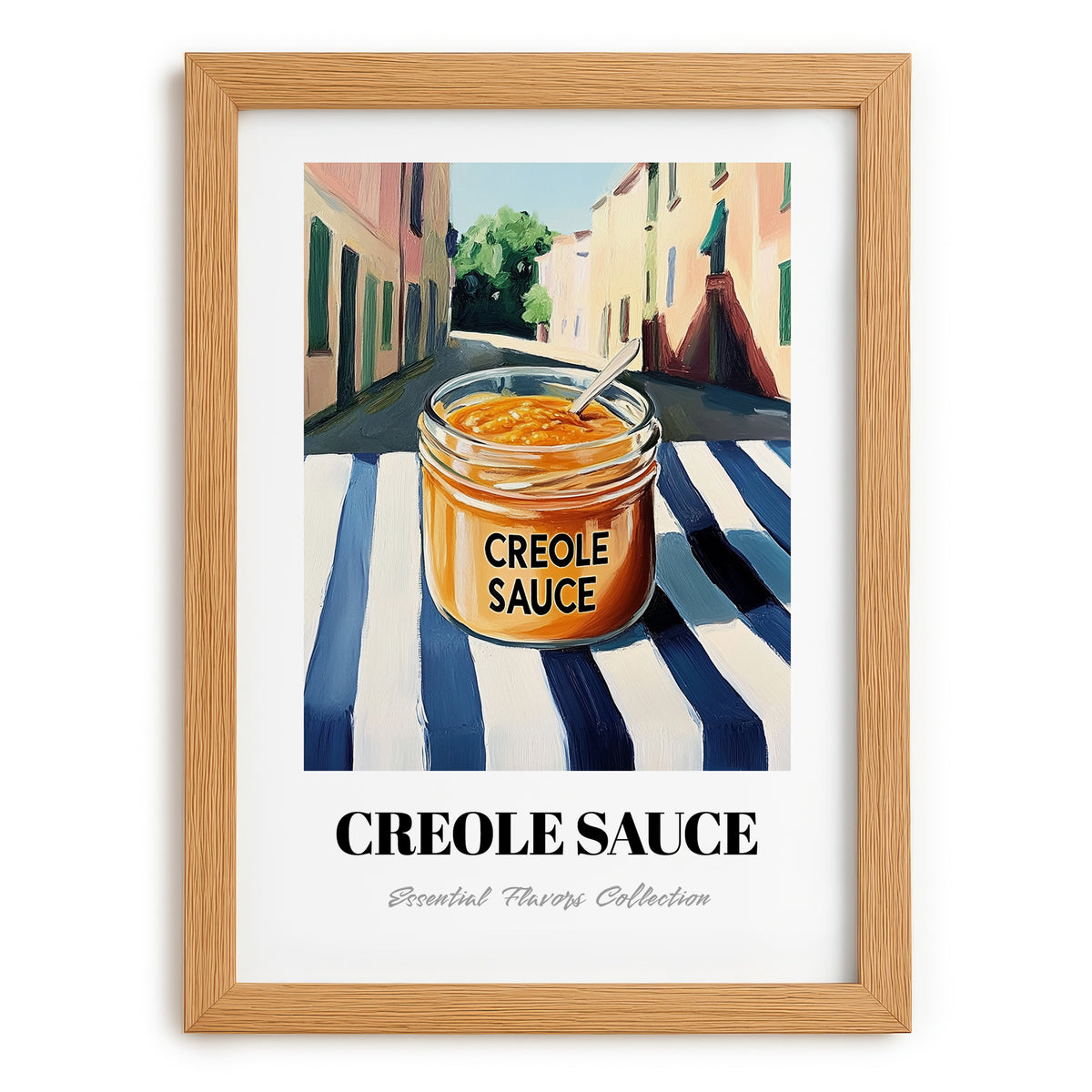 Creole Sauce – Italian Outdoor Café Scene, Food Shelf Illustration, set in oak frame