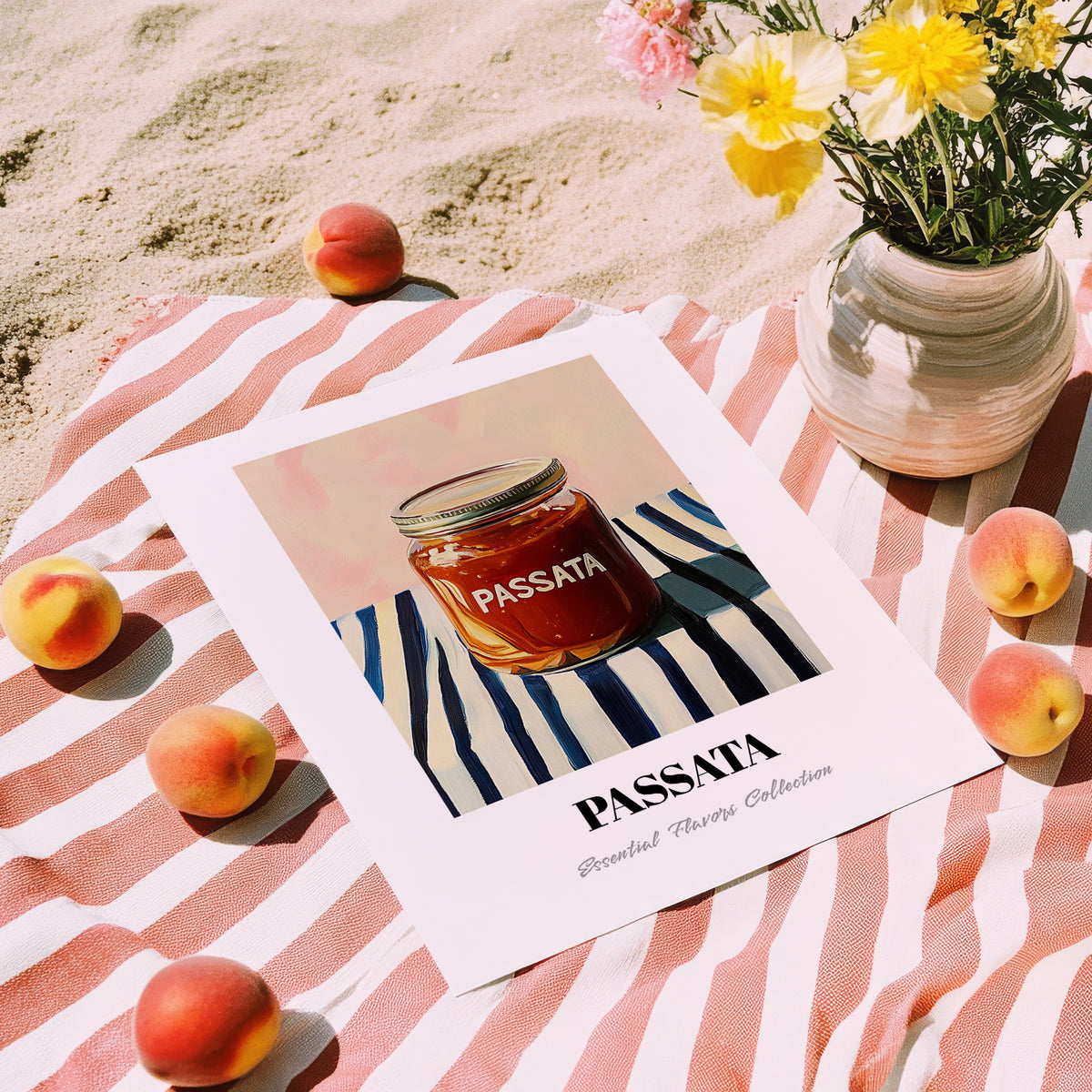 Passata – on Striped Tablecloth, Food Shelf Poster, unframed on coastal sand
