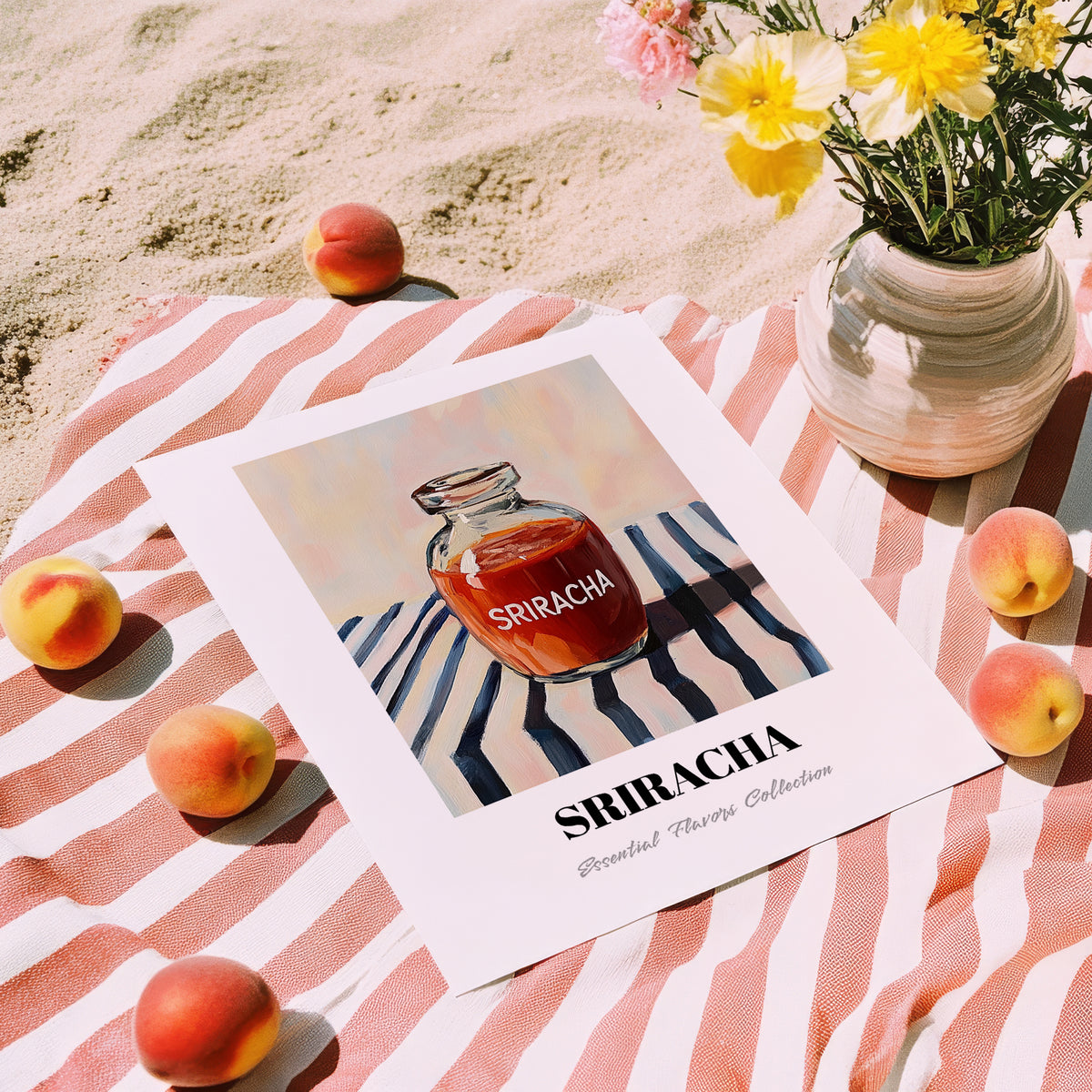 Sriracha – on Striped Tablecloth, Bbq Illustration, unframed on coastal sand