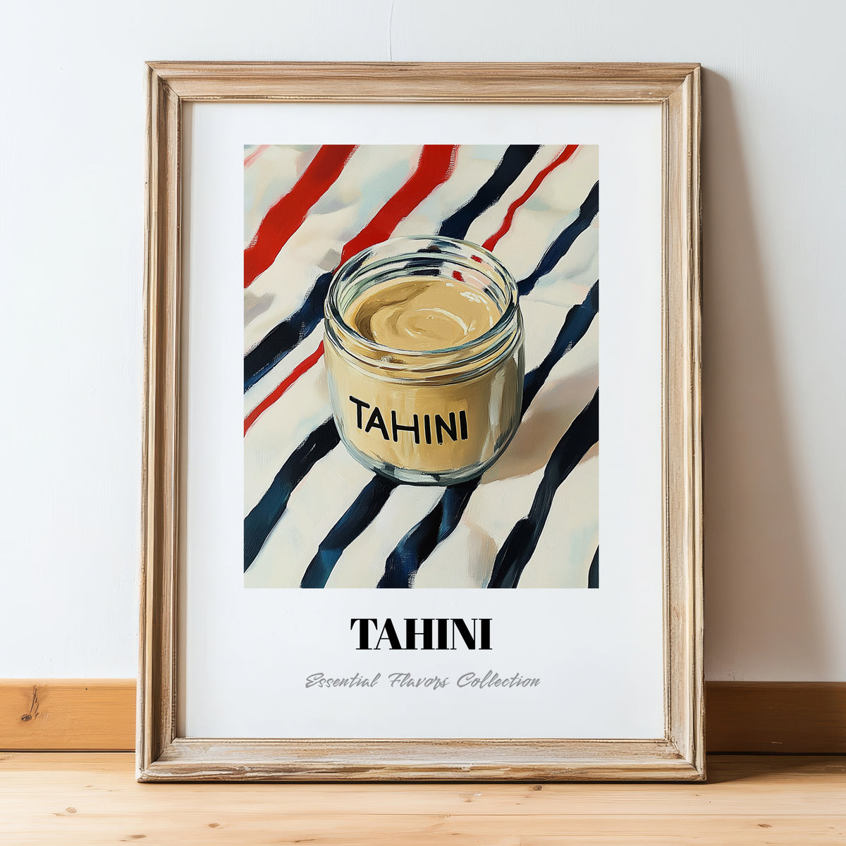 Tahini – on Striped Tablecloth, Grocery Wall Decor, in wooden frame leaning on the floor