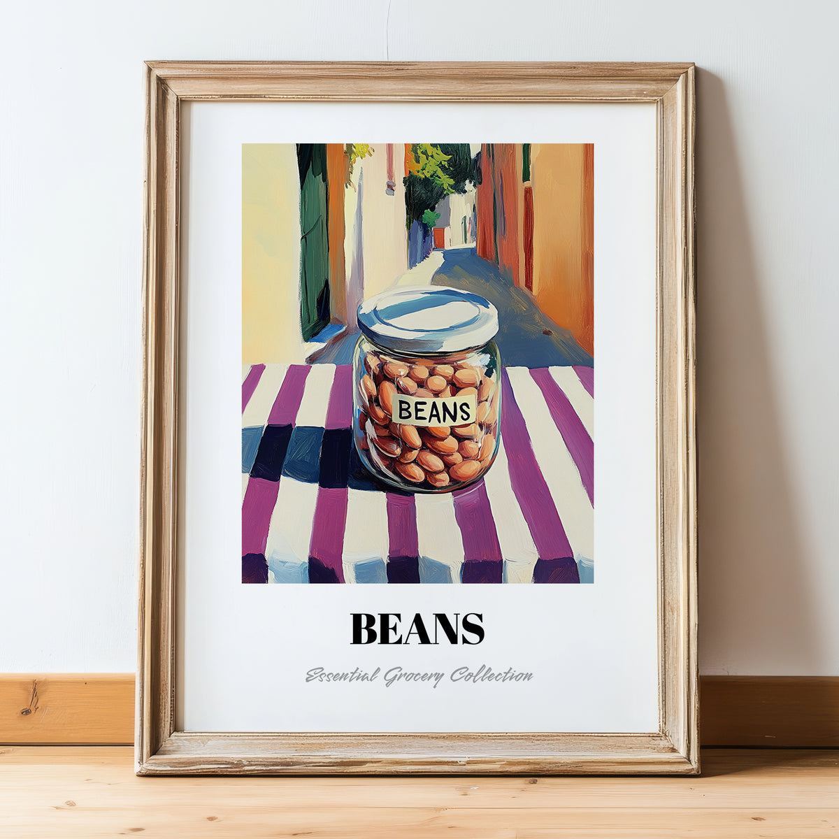 Beans – Italian Café on the Corner, Food Shelf Wall Illustration, in wooden frame leaning on the floor