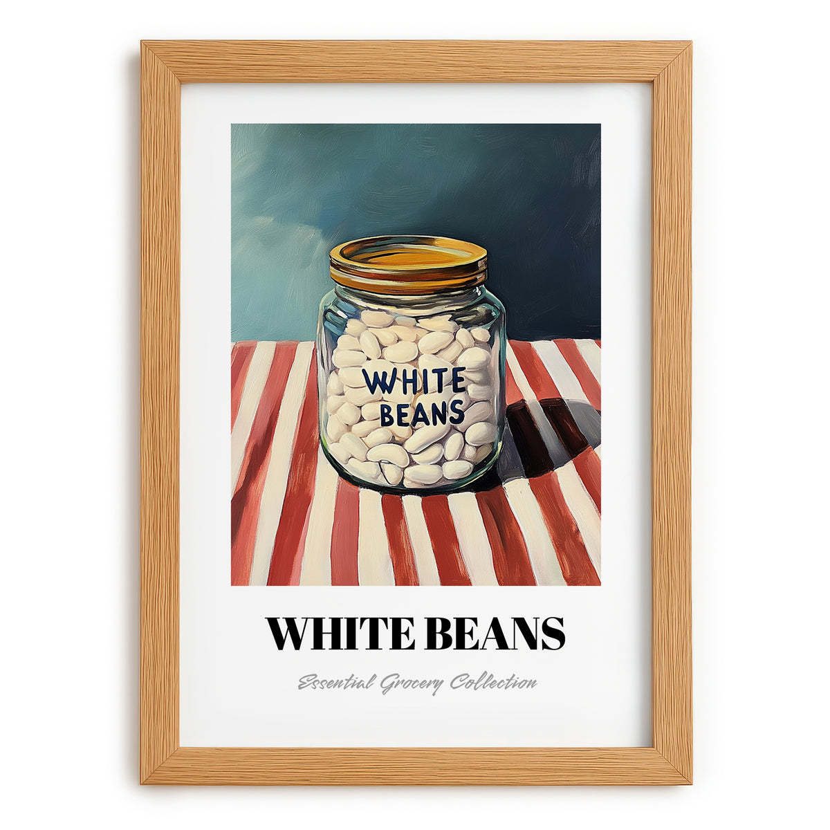 White Beans – on Striped Tablecloth, Grocery Painting, set in oak frame
