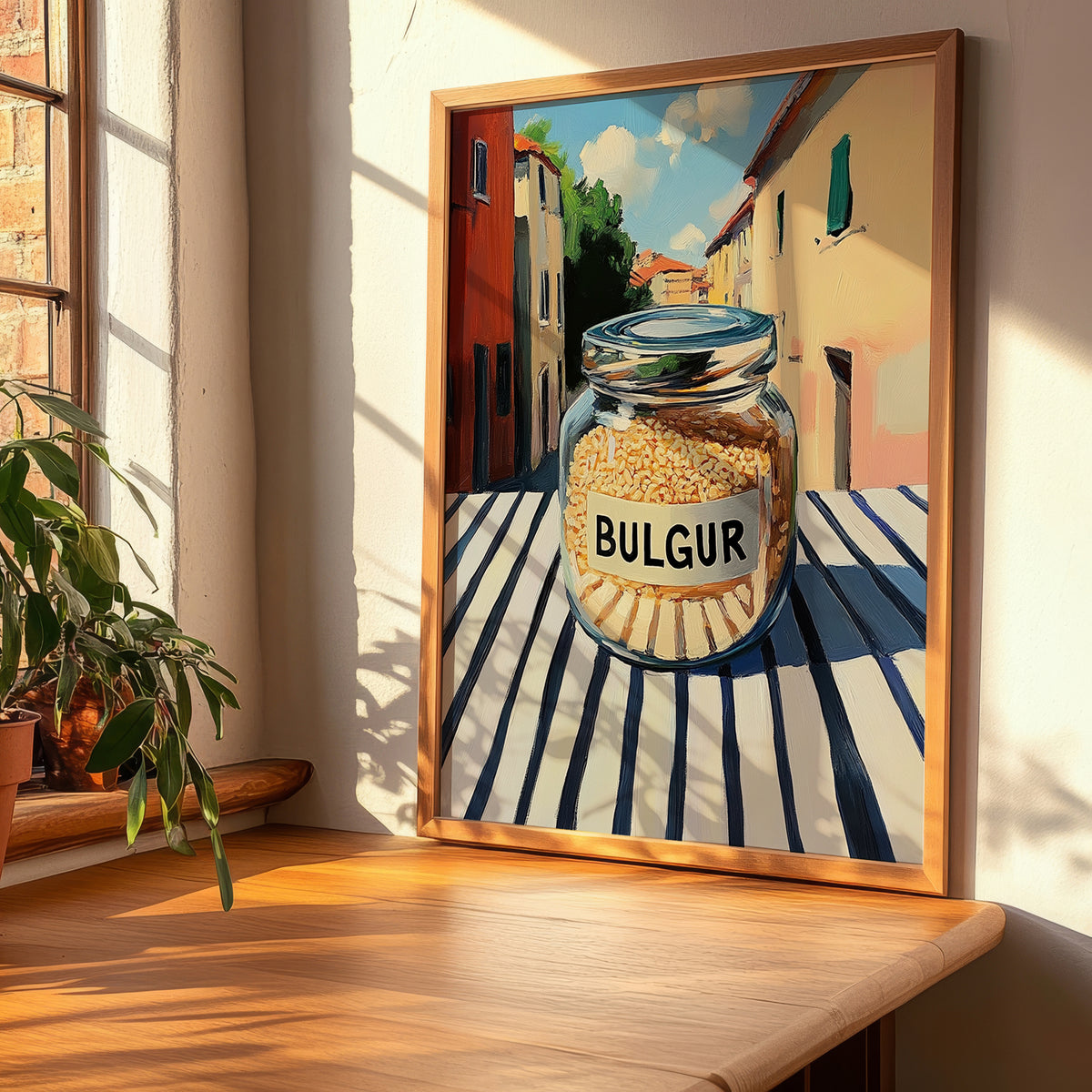 Bulgur – Italian Outdoor Café Scene, Dry Goods Illustration, clean layout with no caption