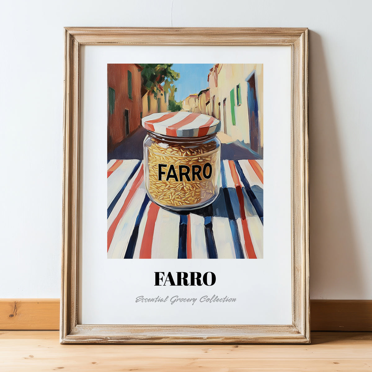 Farro – Italian Café on the Corner, Grocery Illustration, in wooden frame leaning on the floor