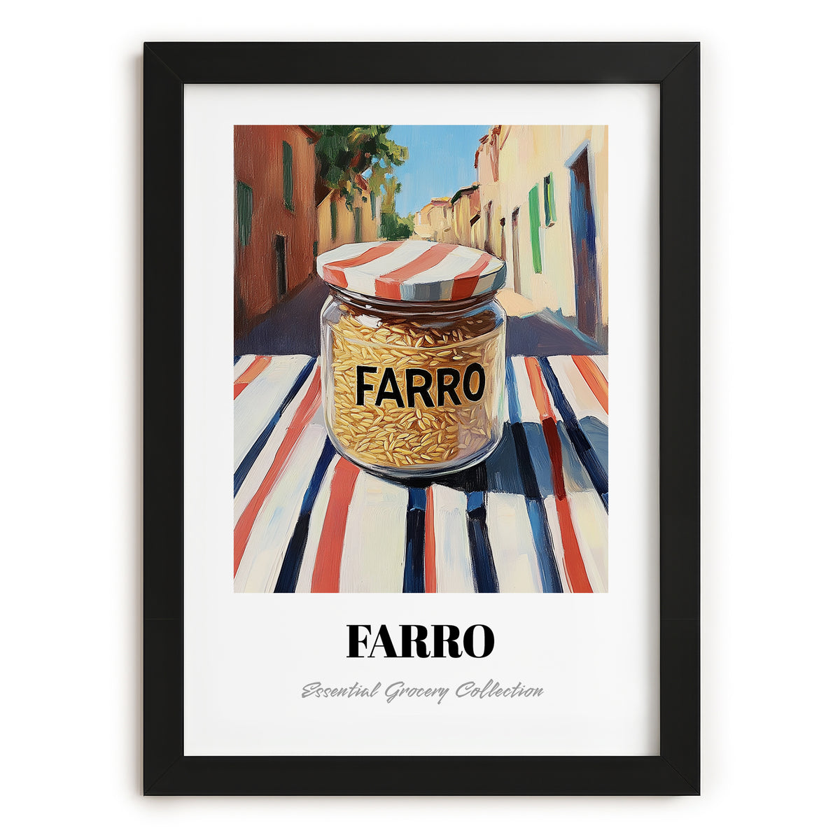 Farro – Italian Café on the Corner, Grocery Illustration, in sleek black frame
