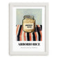 Arborio Rice – on Striped Tablecloth, Grocery Still Life, placed in minimal white frame