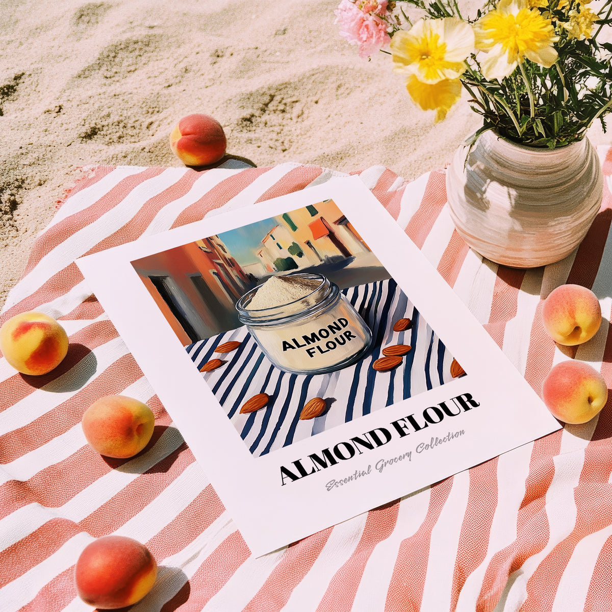 Almond Flour – Italian Urban Café Scene, Dough Wall Art, unframed on coastal sand