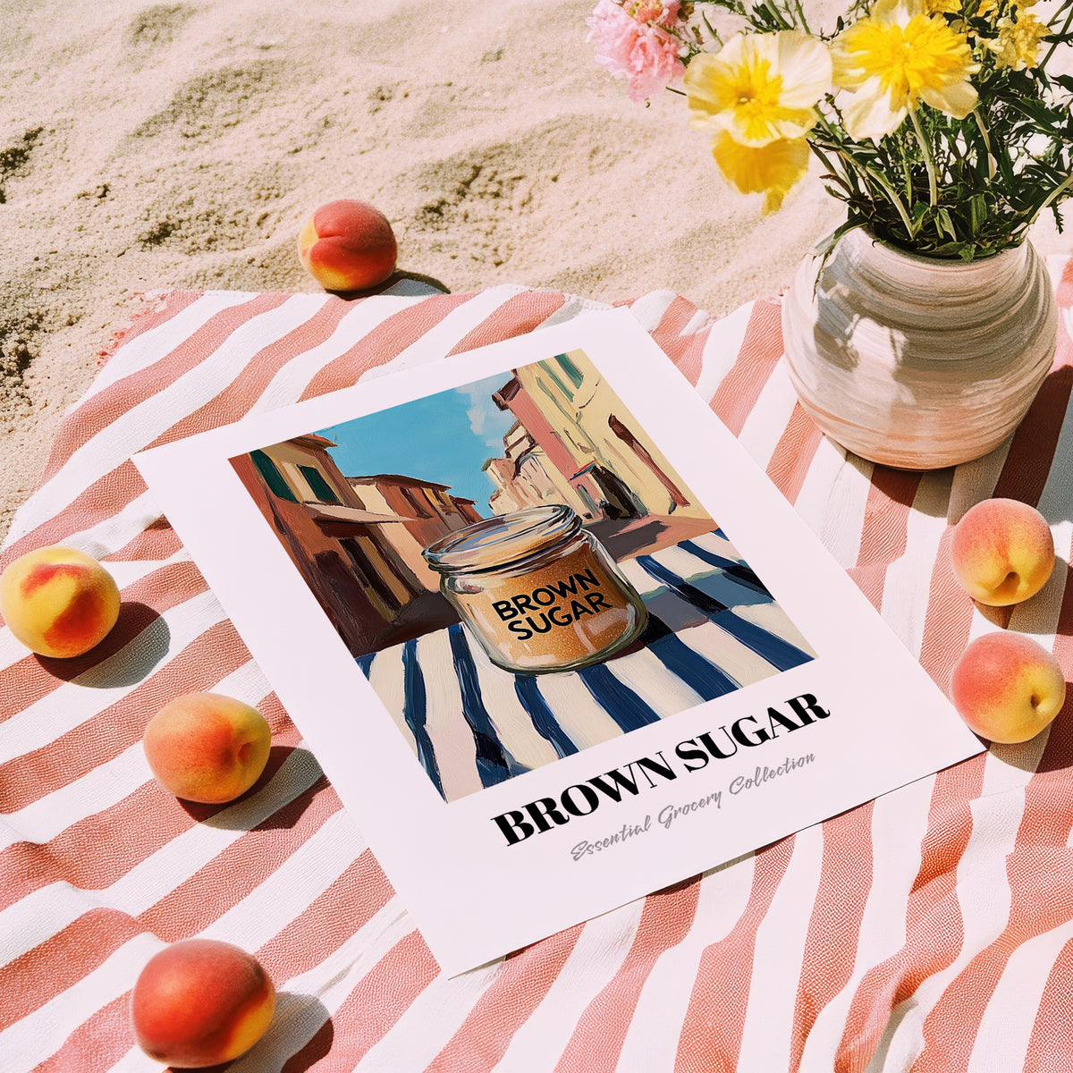 Brown Sugar – Italian Café on the Corner, Sweetener Wall Decor, unframed on coastal sand