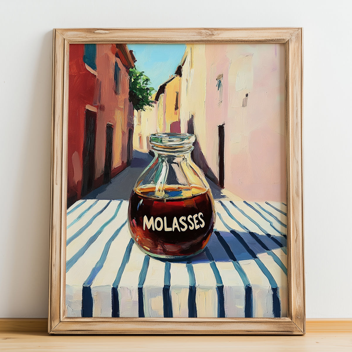 Molasses – Italian Street Café Scene, Sweetener Illustration, no-text version framed in wood