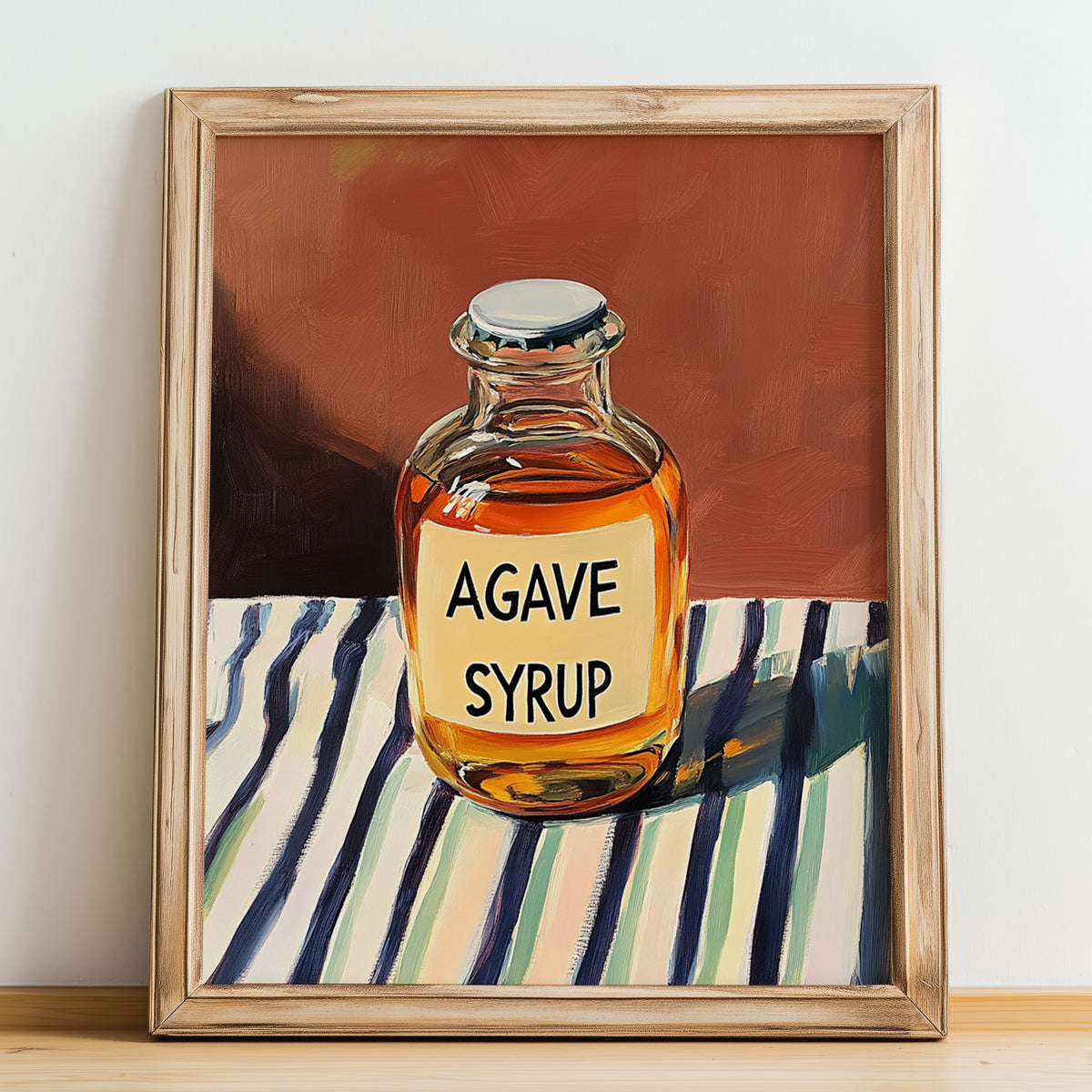 Agave Syrup – on Striped Tablecloth, Sweetener Painting, no-text version framed in wood