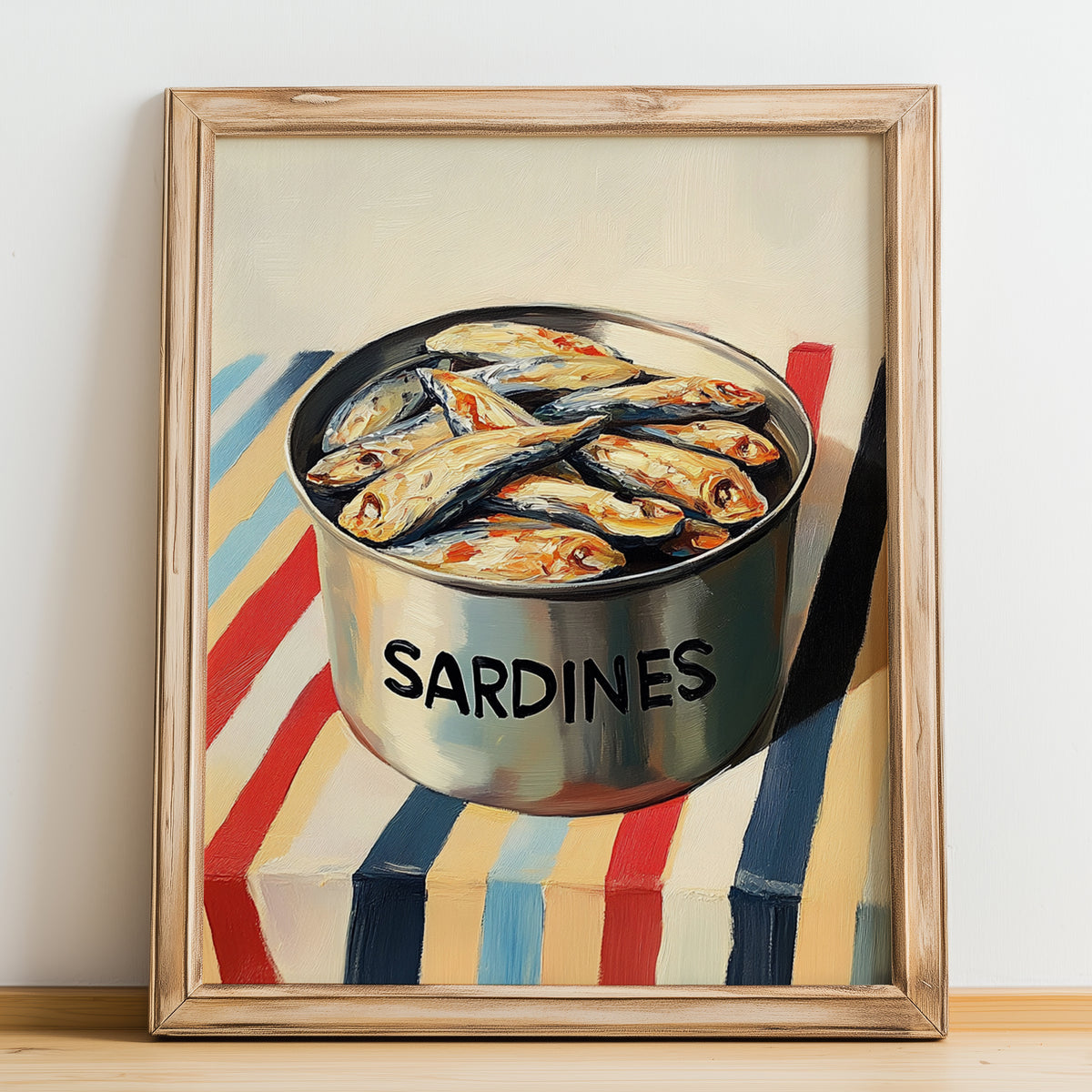 Sardines – on Striped Tablecloth, Canned Food Painting, no-text version framed in wood