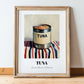 Tuna – on Striped Tablecloth, Canned Food Still Life, in wooden frame leaning on the floor