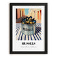 Mussels – Italian Outdoor Café Scene, Canned Food Wall Painting, in sleek black frame