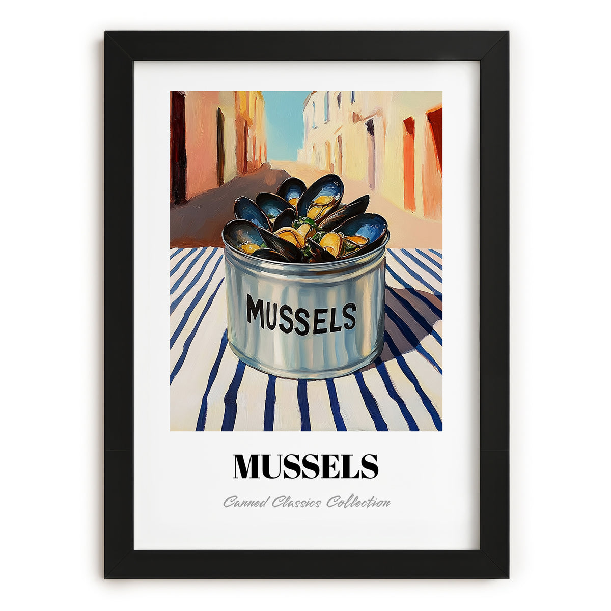 Mussels – Italian Outdoor Café Scene, Canned Food Wall Painting, in sleek black frame