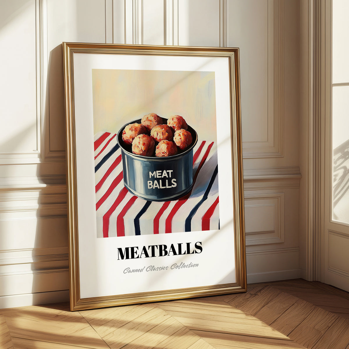 Meatballs – on Striped Tablecloth, Canned Food Poster