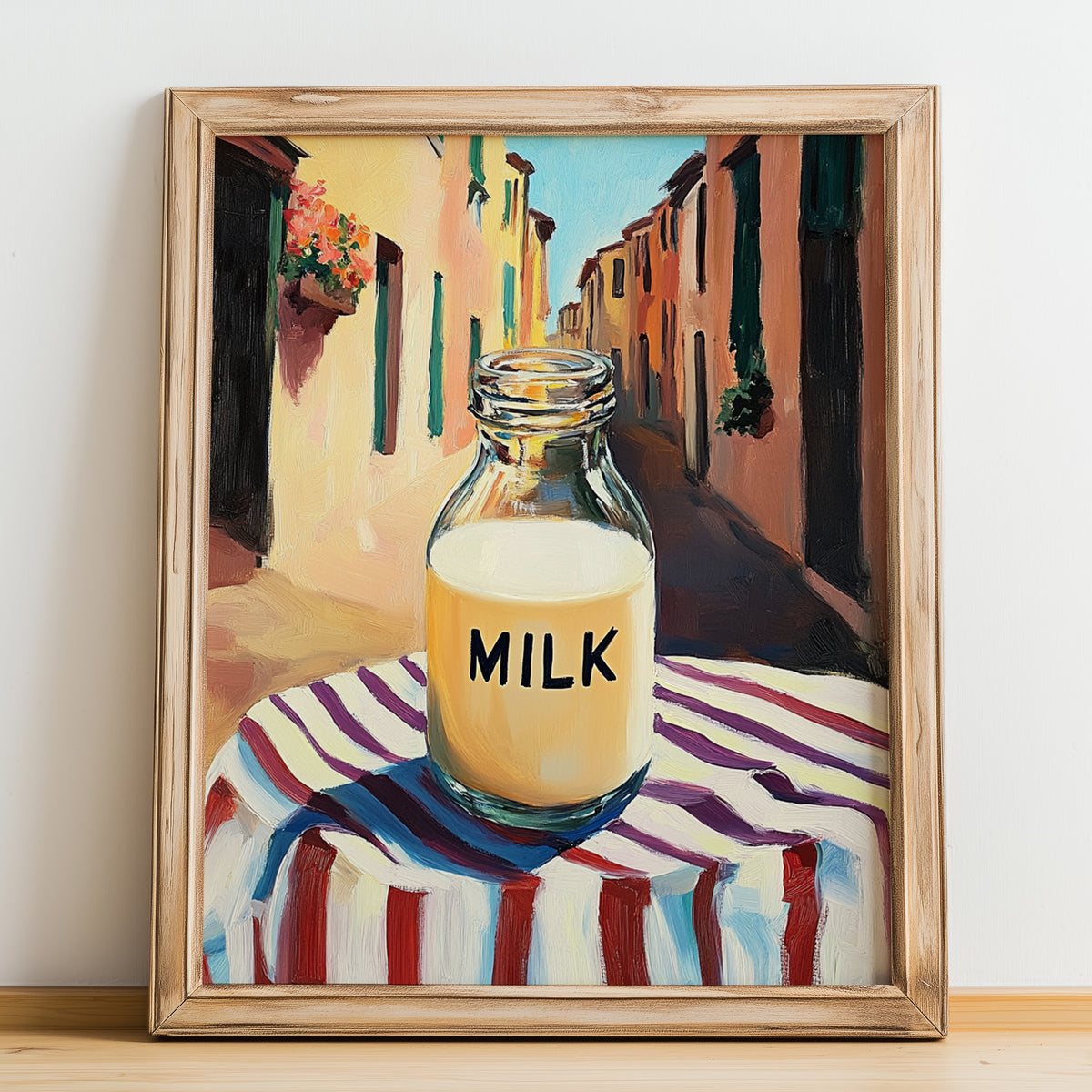 Milk – Italian Café on the Corner, Dairy Painting, no-text version framed in wood