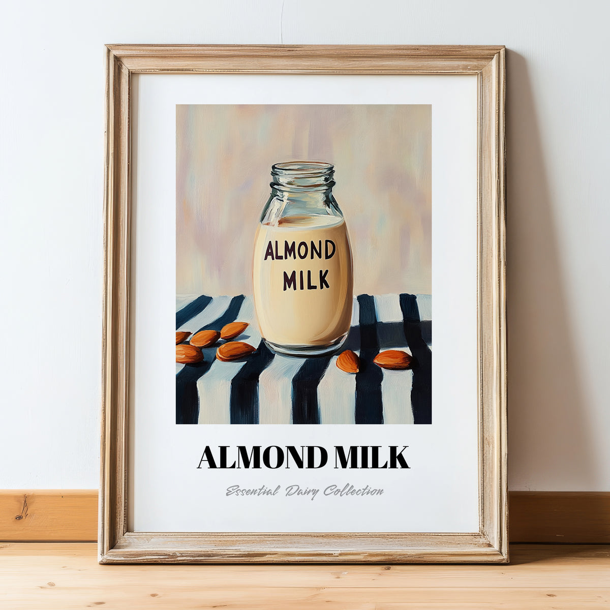 Almond Milk – on Striped Tablecloth, Dairy Painting, in wooden frame leaning on the floor