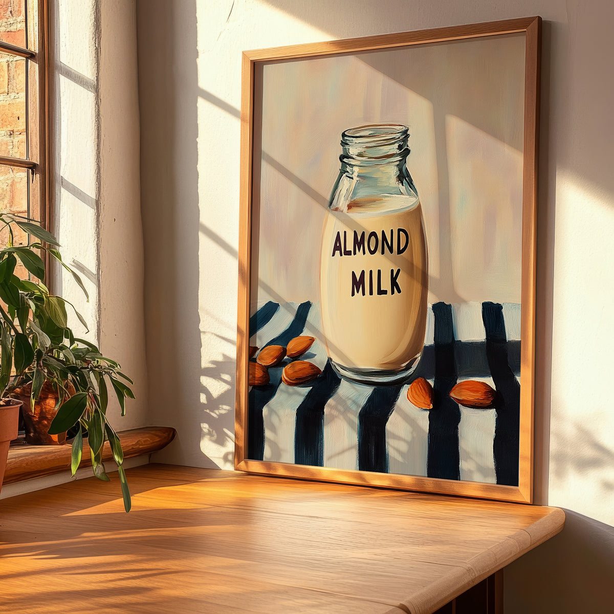 Almond Milk – on Striped Tablecloth, Dairy Painting, clean layout with no caption