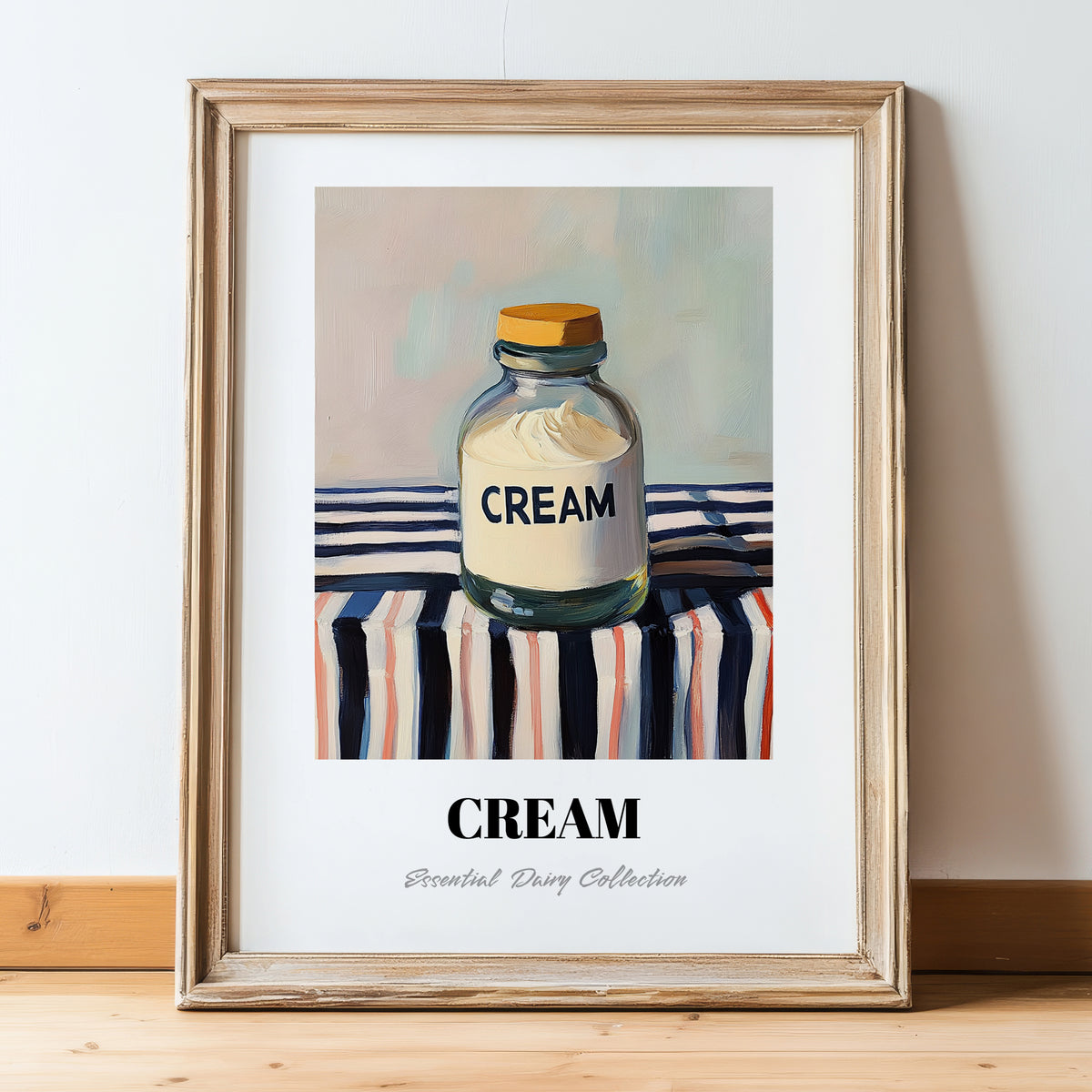 Cream – on Striped Tablecloth, Dairy Print, in wooden frame leaning on the floor