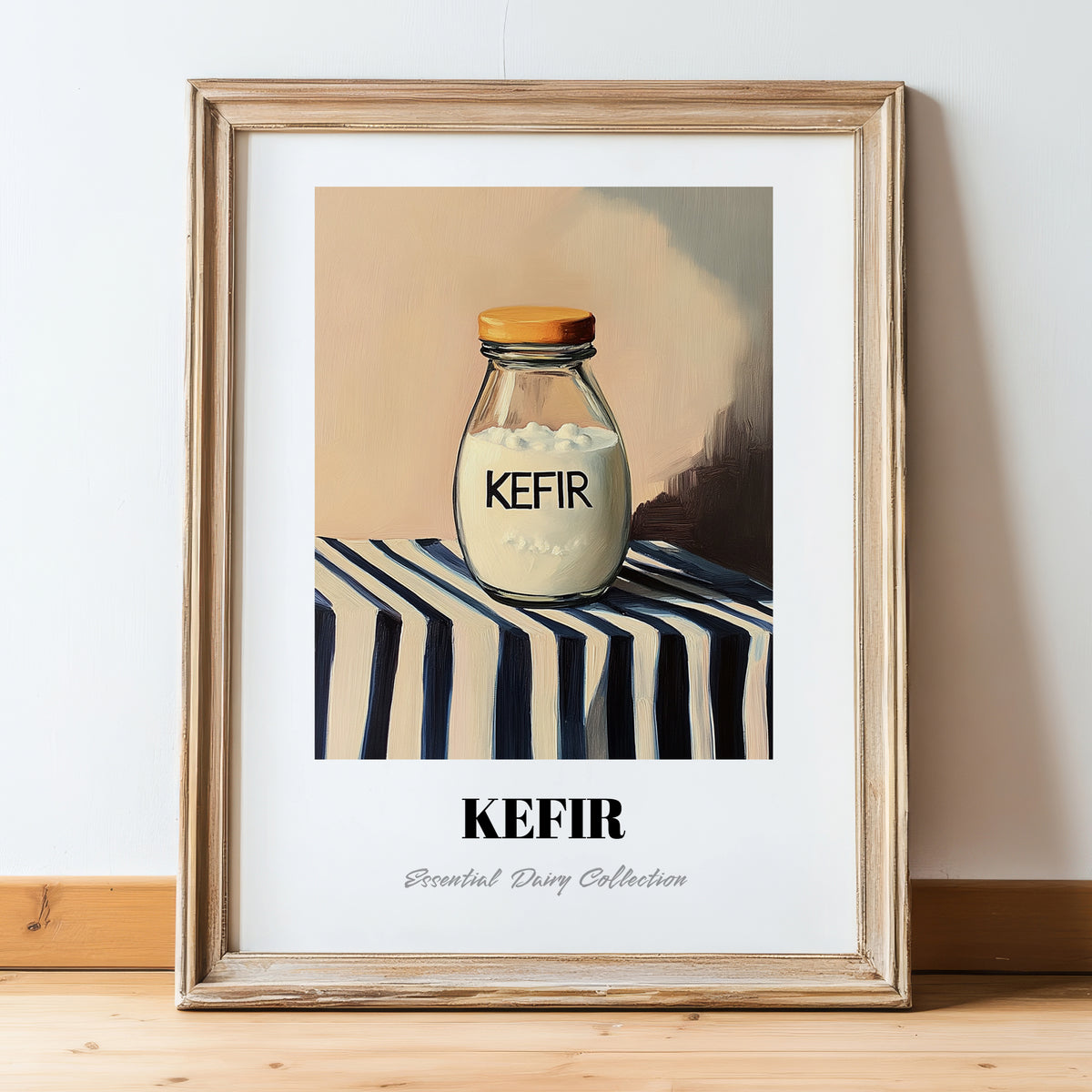 Kefir – on Striped Tablecloth, Dairy Wall Decor, in wooden frame leaning on the floor