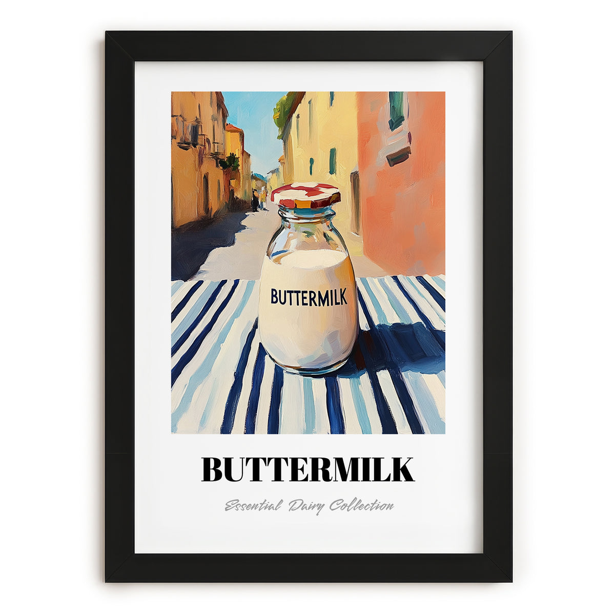 Buttermilk – Italian Street Café Scene, Dairy Still Life, in sleek black frame