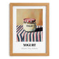 Yogurt – on Striped Tablecloth, Dairy Illustration, set in oak frame