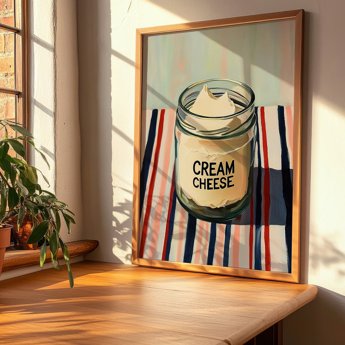 Cream – on Striped Tablecloth, Cheese Print, clean layout with no caption