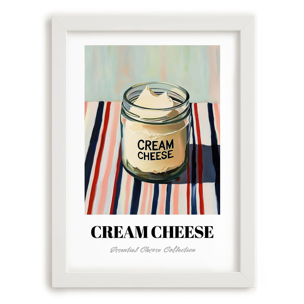 Cream – on Striped Tablecloth, Cheese Print, placed in minimal white frame