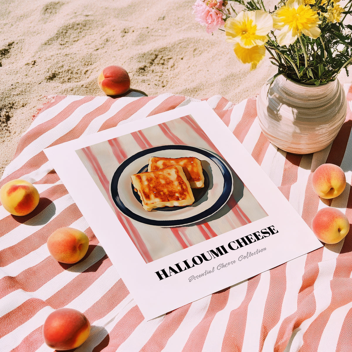 Halloumi – on Striped Tablecloth, Cheese Still Life, unframed on coastal sand