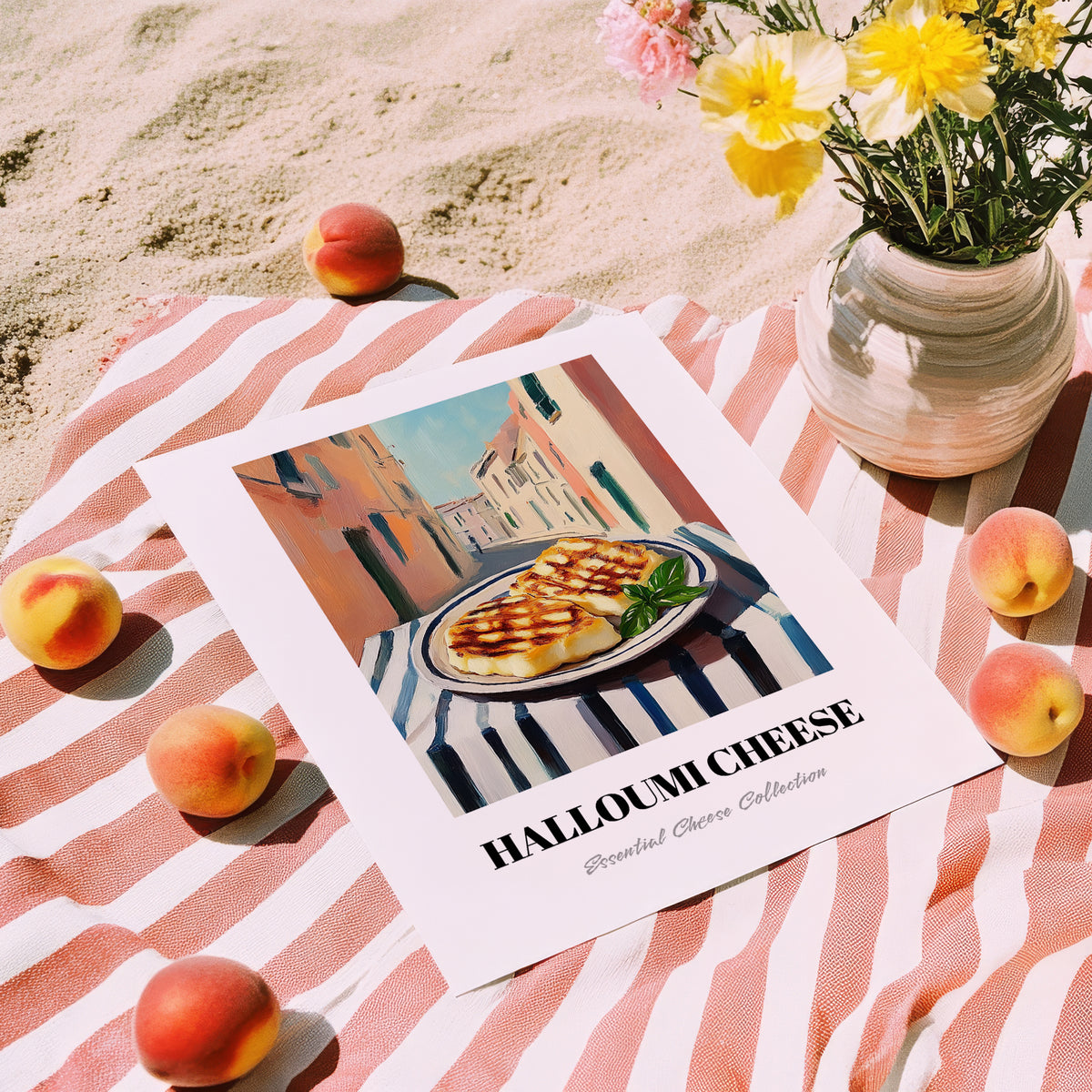 Halloumi – Italian Street Café Scene, Cheese Painting, unframed on coastal sand