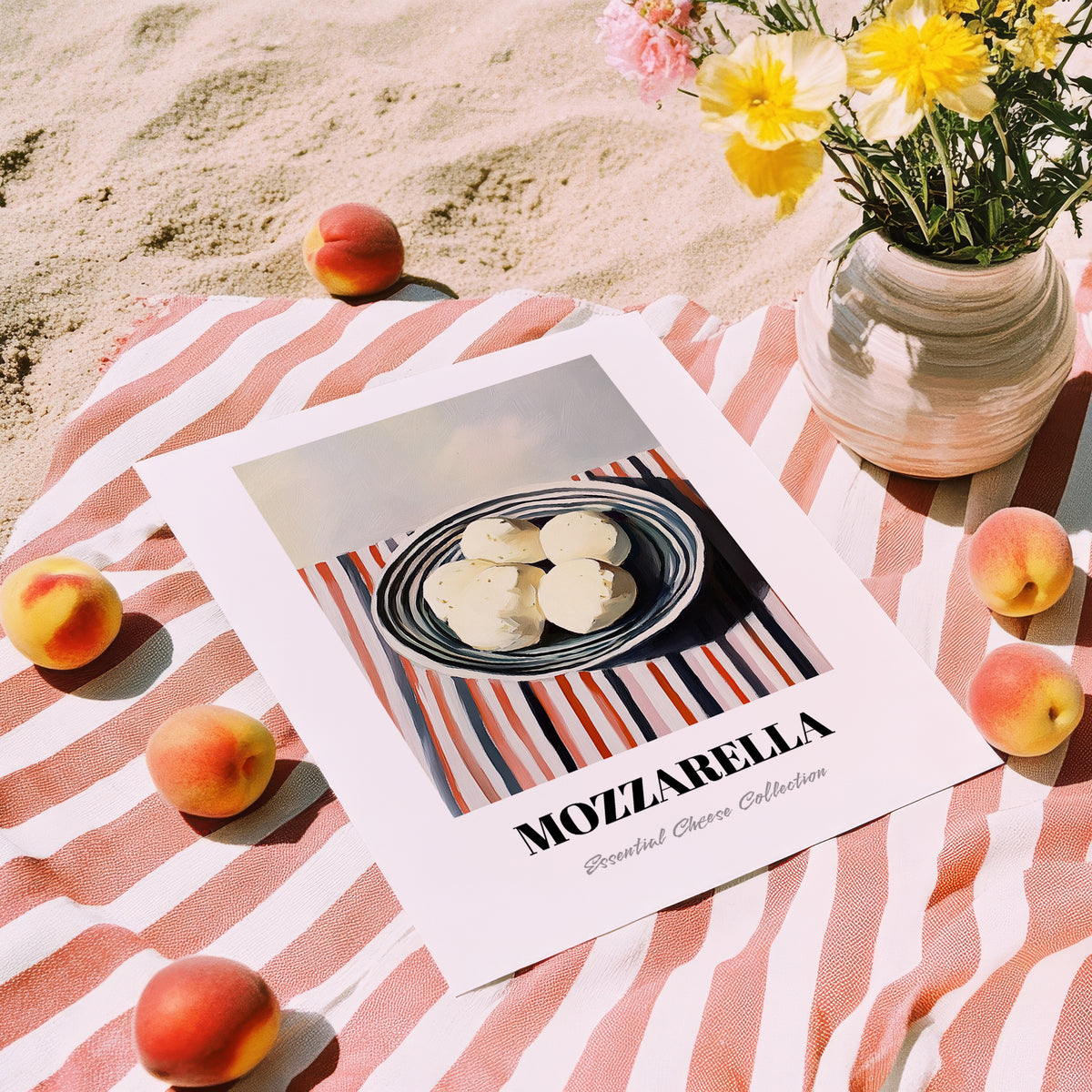 Mozzarella – on Striped Tablecloth, Cheese Wall Decor, unframed on coastal sand